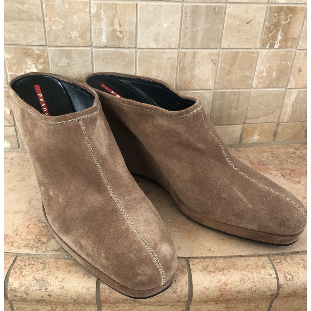 Prada Suede Wedge Mules, size 41, tan color